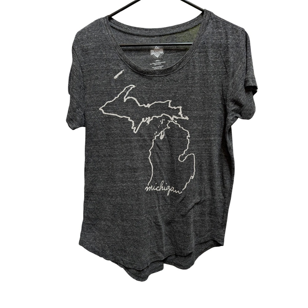 State of‎ Mine Womens Michigan Outline Graphic Tee Heather Charcoal Grey Small